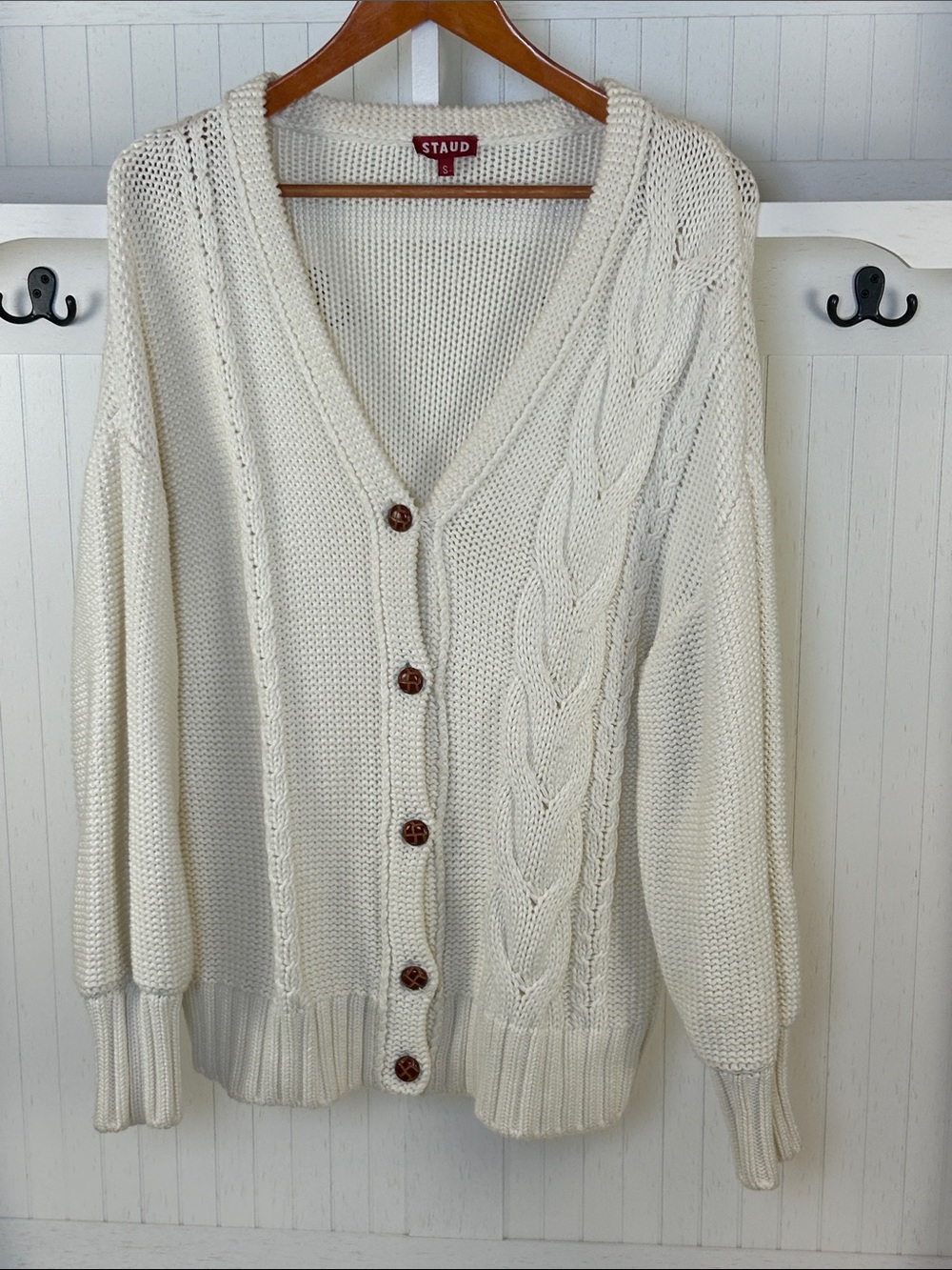 STAUD Ivory Cable Knit Oversized V Neck Cardigan Sweater Small